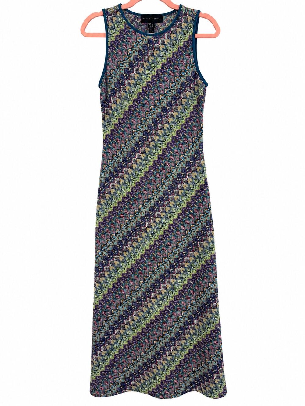 Donna Morgan Sleeveless Geometric Print Midi Dress Size 8 Blue Green Knit Sheath